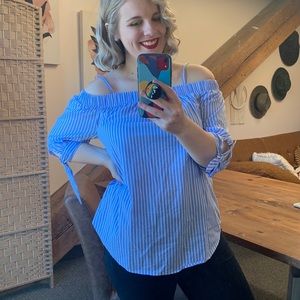 💜 Iz Byer Blue & White Off Shoulder Top